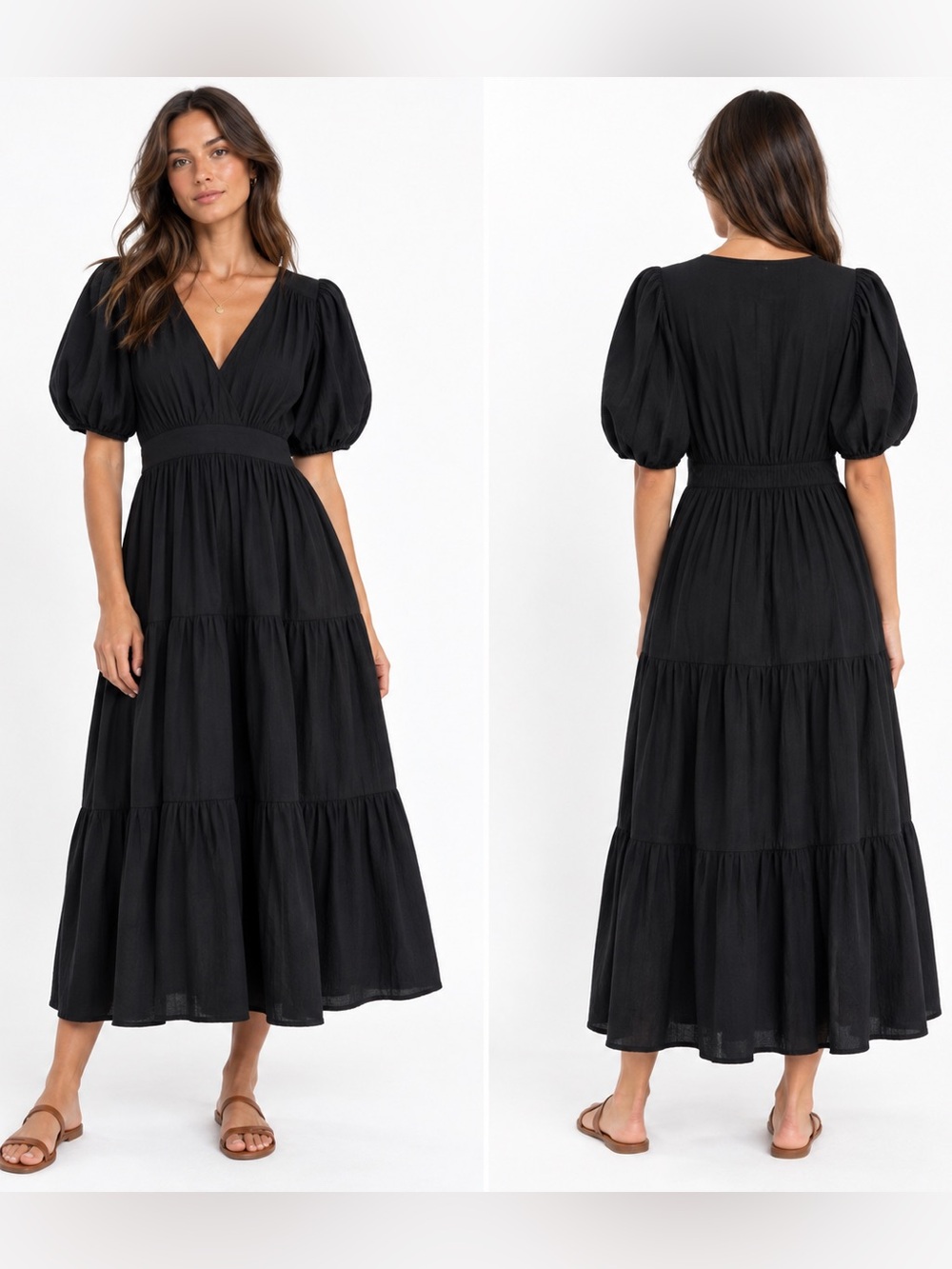 French Connection Black Cotton Puff Sleeve Tiered Midi Dress Size XL